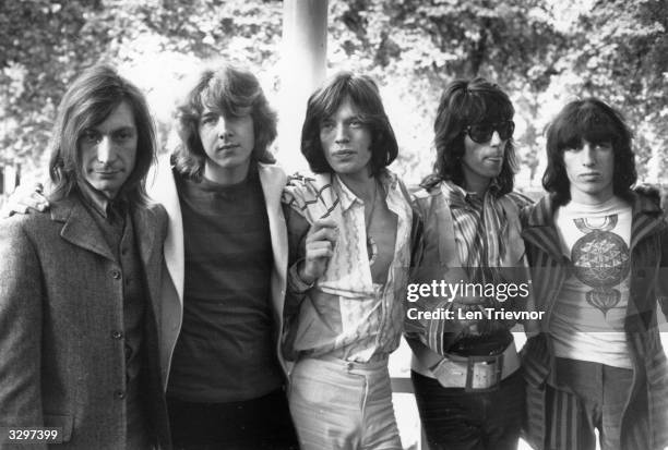 British rock band the Rolling Stones in 1969, after the death of founder member Brian Jones. They are, from left to right; drummer Charlie Watts, new...