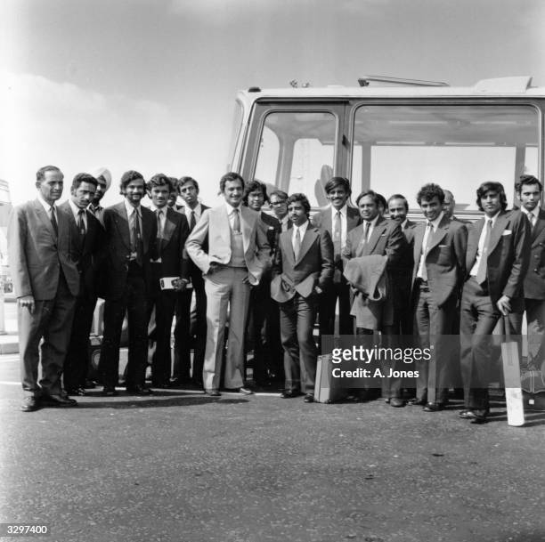 The 1974 Indian touring cricket team at London Airport, with captain Ajit Wadekar.