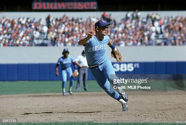 George Brett of the Kansas City Royals jumps into action to field a play during the game against the New York Yankees circa 1981 at the Bronx, New...