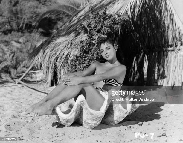 Young Joan Collins wearing a striped bikini and sitting in a large shell for the film 'Our Girl Friday', directed by Noel Langley. Title: Our Girl...