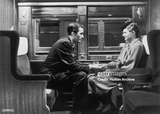 Gregory Peck and Ingrid Bergman star as a psychiatrist and her patient in the film 'Spellbound', directed by Alfred Hitchcock for David O Selznick...