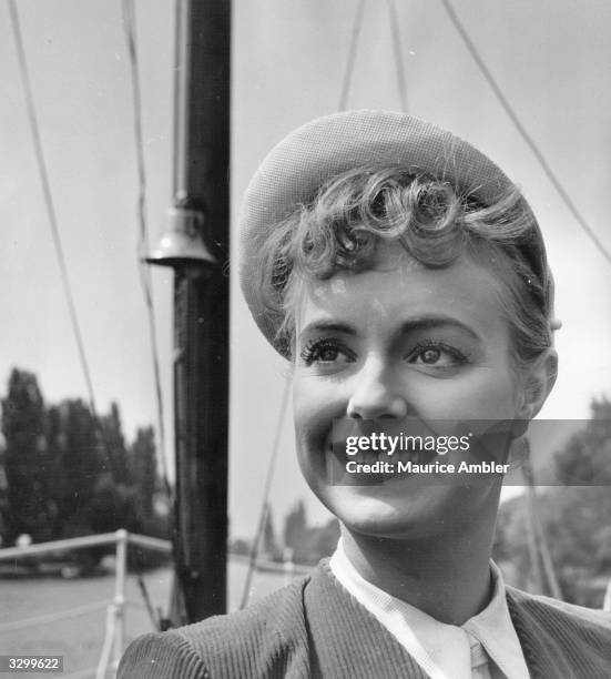 Pauline Stroud on board the yacht used in the film 'Lady Godiva Rides Again', a satirical comedy based on contestants in a beauty contest. The film...