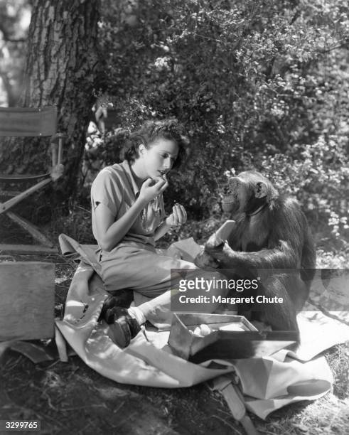 Molly Lamont, the South African actress who started her career in England and then went to work for Paramount, applies her make-up under a tree with...