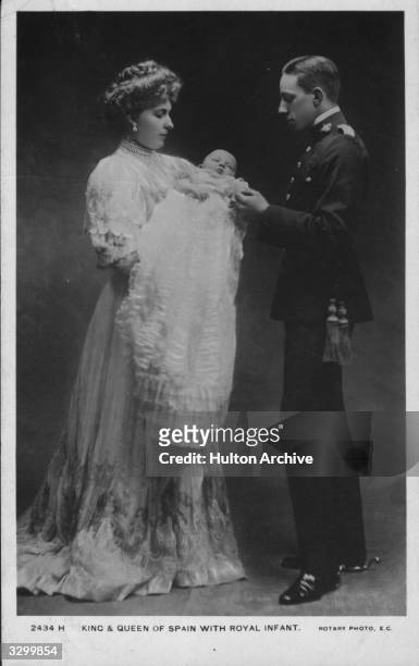Queen Victoria Eugenie of Spain, , with her husband King Alfonso XIII of Spain with their newly-born child.