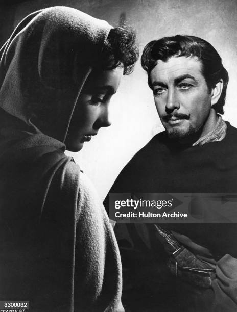 Elizabeth Taylor in an emotionally charged scene from the film 'Ivanhoe', based on the novel by Sir Walter Scott with Robert Taylor . The film was...