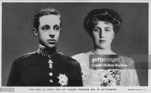 King Alfonso XIII of Spain, , king from 1886 to 1931), with his wife, Queen Victoria Eugenie of Spain, , as Princess Victoria Eugenie of Battenberg.