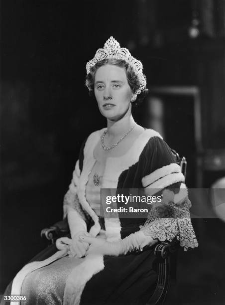 Ann Sullivan, wife of the 2nd Duke of Westminster, Hugh Richard Arthur Grosvenor wearing the robes she has researched for the coronation of Queen...