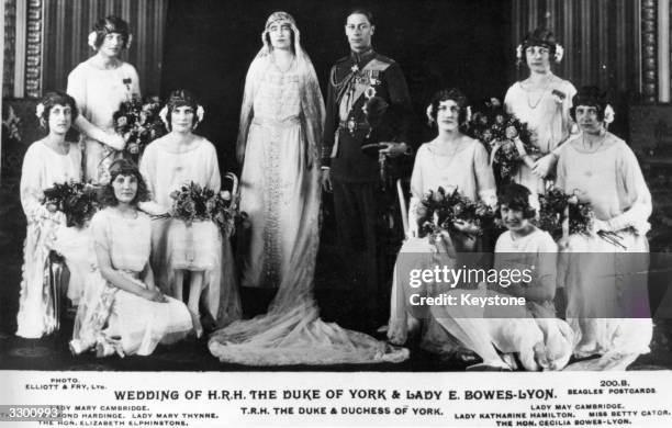 The wedding of the Duke of York, to Lady Elizabeth Bowes Lyon. The attendents are from left to right: Lady Mary Cambridge,The Hon Diamond Hardinge,...