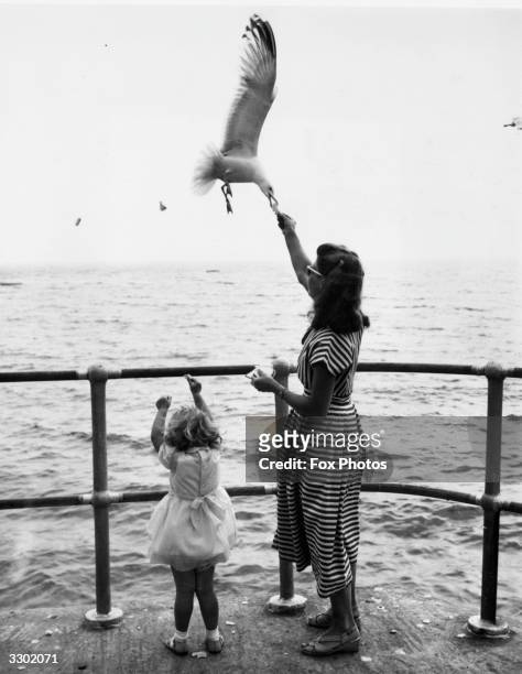 Woman and her 3-year-old daughter feeding seagulls on the promenade during their holiday in St Ives, Cornwall.