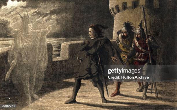 Horatio, Marcellus and Hamlet encounter the ghost of the late King Hamlet in Act 1, Scene 4 of William Shakespeare’s play, 'Hamlet'. Chromolithograph...