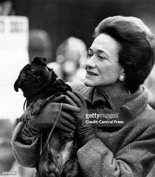 The Duchess of Windsor holding a black pug dog at the Pug Dog Show held at Seymour Hall, London.
