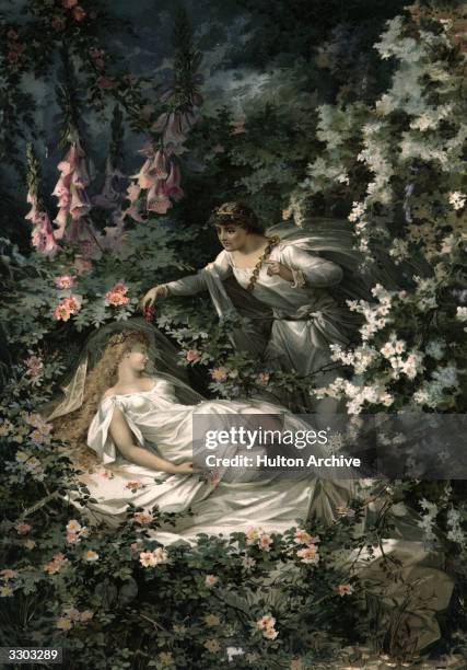 German print illustrating a scene from Shakespeare's 'A Midsummer Night's Dream', showing Oberon and Titania, the fairy king and queen.