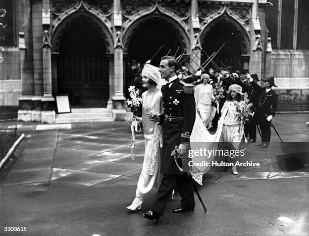 Lord Louis Francis Victor Albert Nicholas Mountbatten great-grandson of Queen Victoria, on his wedding day to Edwina Cynthia Annette Ashley , leaving...