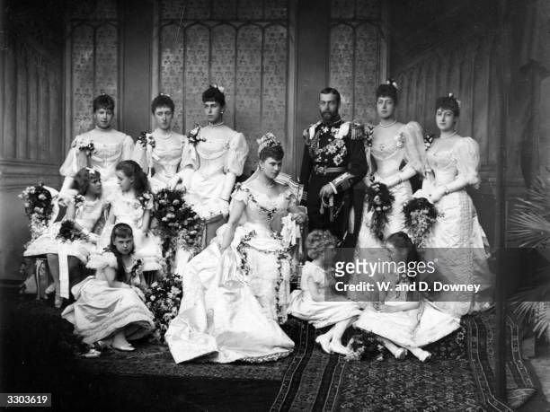The wedding at Buckingham Palace of the Duke of York, later King George V and Princess Mary of Teck . From left to right - Princess Alexandra of...