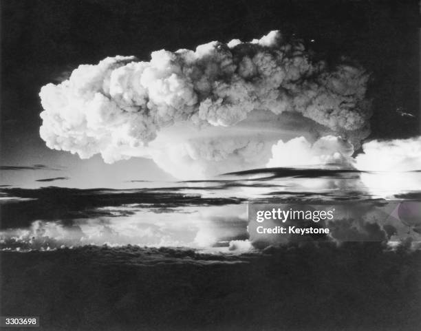 One hundred miles of sky covered by smoke and radioactivity from the first H-Bomb explosion at Eniwetok Atoll in the Pacific.