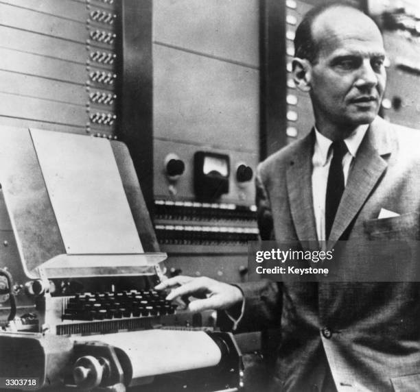 Milton Babbit, a composer and director of Columbia Princeton Electronic Music Centre in New York , with an Electronic Music Synthesizer or 'Moog'...