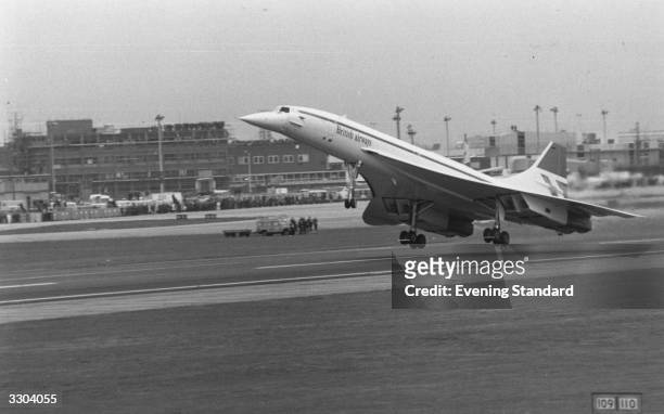 The take off at Heathrow Airport, London, of the first commercial Concorde flight.