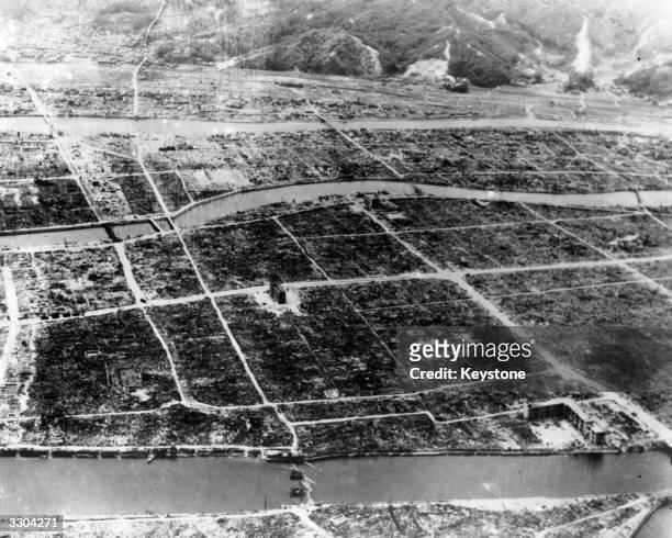 This aerial view of Hiroshima after the dropping of the first atomic bomb shows the total destruction and devastation caused.