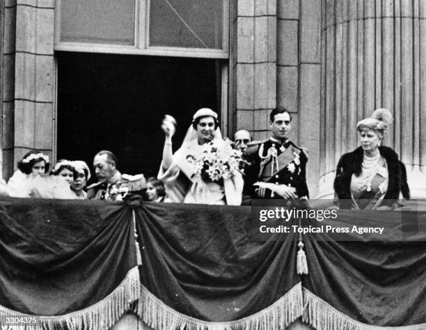 George Edward Alexander Kent , after his marriage, seen on the balcony of Buckingham Palace with Lady Mary Cambridge, Princess Marina and HM King...