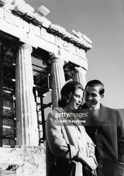 King Constantine II of the Hellenes and his fiancee Queen Anne-Marie of the Hellenes beside the Parthenon on the Acropolis, Athens.
