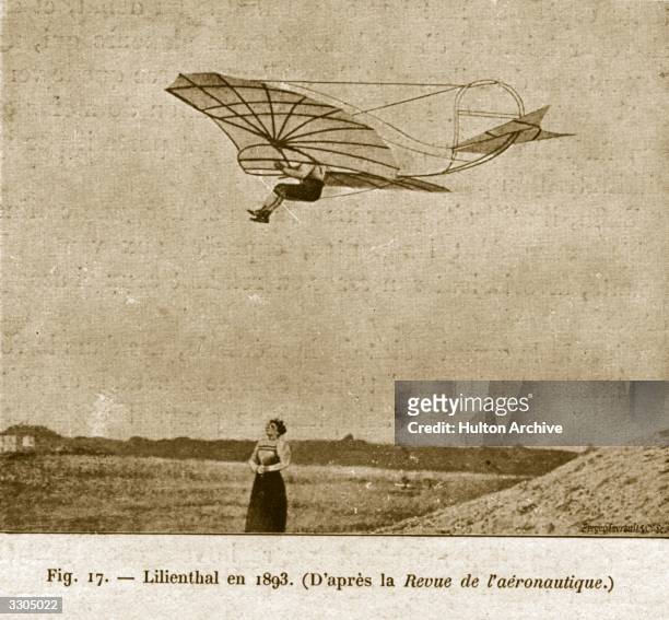 Otto Lilienthal the aeronautical inventor and pioneer of gliders in his 1893 design glider in flight over a female observer. Aeroplane Album - Vol 1...