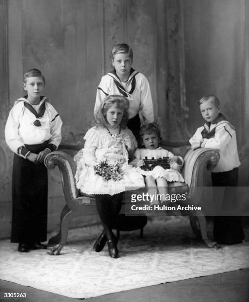 Five of the children of King George V and Queen Mary. From left, King George VI, , then Prince Albert, the Duke of Windsor, , then Prince Edward, and...