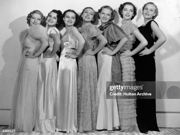 From right to left are the following Paramount hopefuls: Frances Farmer the Hollywood actress and film star, Marsha Hunt , Jane Rhodes, Rosalind...