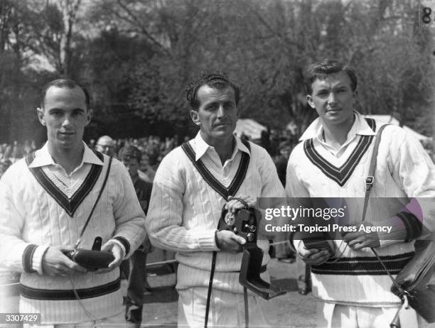 Ian Craig, K. McKay, and Richie Benaud, Australian cricketers.