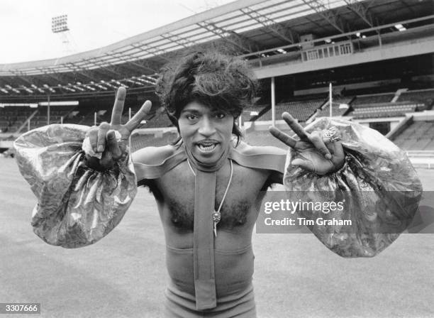 Rock 'n' roll legend Little Richard in costume at an empty Wembley Stadium, during rehearsals for a concert.