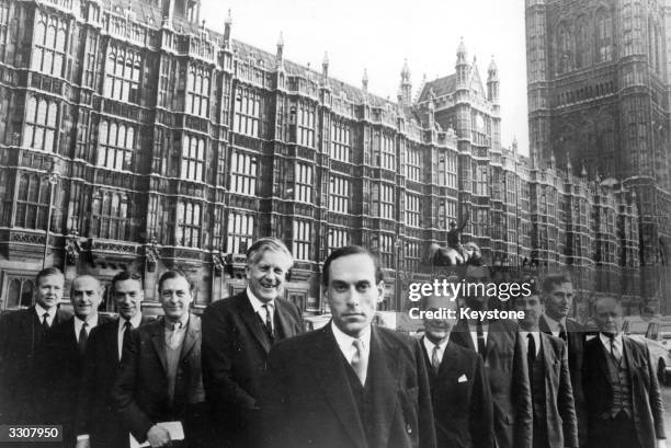 The Liberal Party outside Westminster Palace, London. Left to right: Richard Wainwright, Colne Valley; Dr Michael Winstanley, Cheadle; Peter Bessel,...