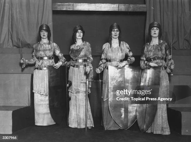Miss Felicity Tree, Miss Nancy Cunard, Lady Violet Charteris and Lady Diana Manners in the musical tableau ' La Damoiselle Elue' at the French...