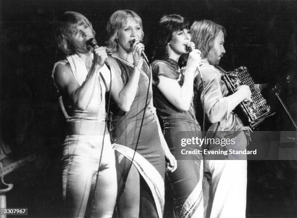 Swedish pop group Abba Bjorn Ulvaeus, Agnetha Faltskog, Anni-Frid Lyngstad and Benny Andersson, in concert.