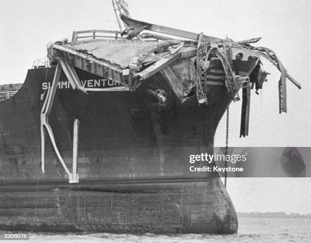 Debris from the Sunshine Skyway Bridge perched on the bow of the freighter 'Summit Venture' after the vessel rammed the bridge during a thunderstorm...