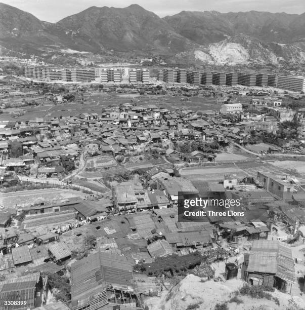 Crude wood and paper shacks provide shelter for over 1 000 refugees presently in Hong Kong. In the background are the seven story blocks being built...