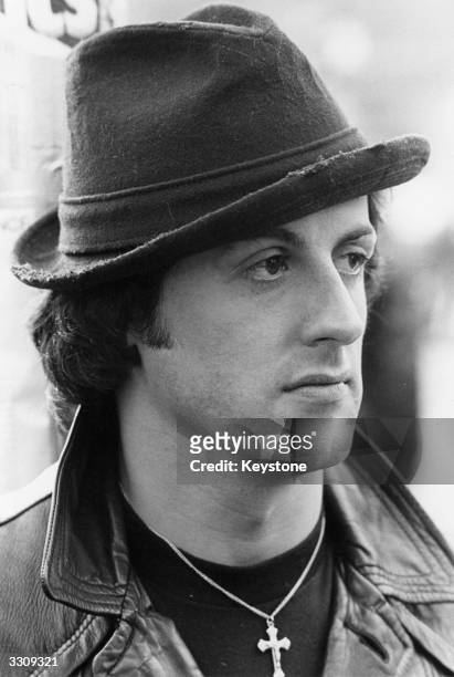 American screen star Sylvester Stallone, famed for his macho roles in such films as 'Rocky' and 'Rambo'.