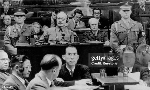 Hideki Tojo , former Japanese General, Premier and War Minister, takes the stand during the International Tribunal Trials in Tokyo.