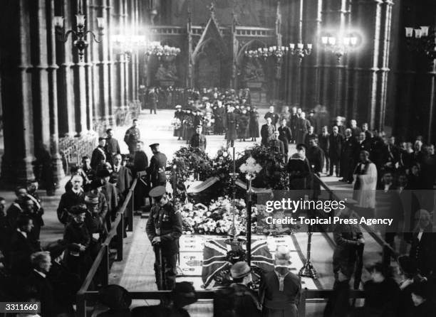 The Tomb of the Unknown Warrior lying in state in Westminster Abbey.