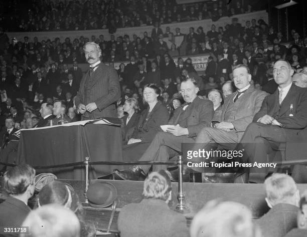Prime Minister Ramsay MacDonald and MPs Margaret Bondfield, M H Thomas and Robert Smillie at the Labour Victory meeting at the Royal Albert Hall in...