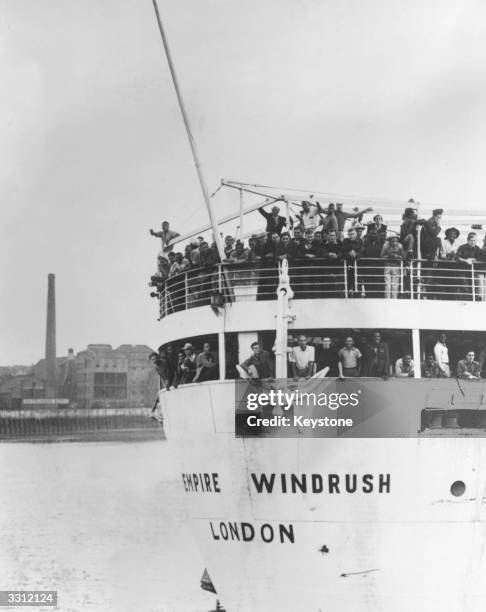 The ex-troopship 'Empire Windrush' arriving at Tilbury Docks from Jamaica, with 482 Jamaicans on board, emigrating to Britain.