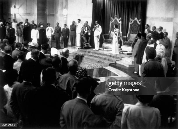 The scene during the historical swearing-in ceremony of Viscount Mountbatten as Viceroy and Governor General of India, in the Durbar Hall of the...