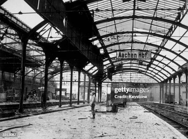 View of the main railway station at Aachen after the Germans left the city.