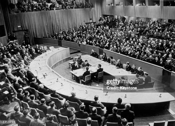 General view of the first meeting of the Security Council of the UNO in the Hunter College, Bronx, New York. Mr Byrnes is seen addressing delegates:...