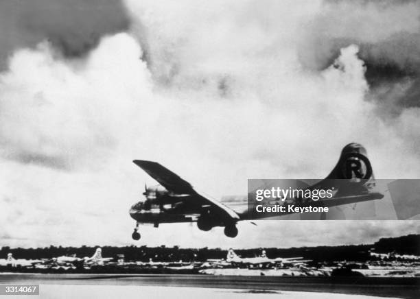 The B-29 bomber 'Enola Gay' in Japan, after bombing Hiroshima.