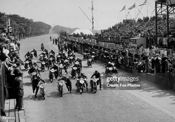 The massed start of the Lightweight TT Race on the Isle of Man.