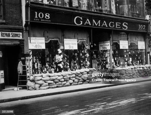 Sandbags outside Gamages store at Cheapside in the City of London.