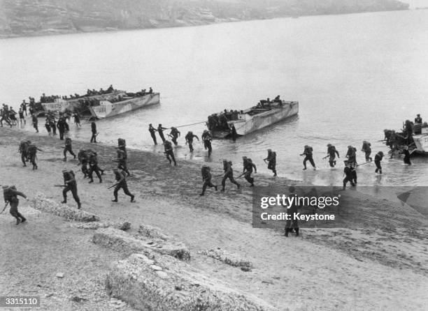 Troops coming ashore during training exercises for the Allied D-Day invasion.