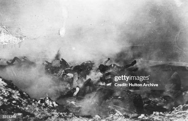 The bodies of plague victims in Manchuria are burned on a huge pyre.