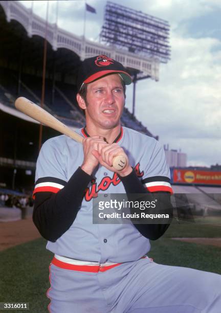Third baseman Brooks Robinson of the Baltimore Orioles poses for a portrait circa 1955-77 in Yankee Stadium in Bronx, New York.