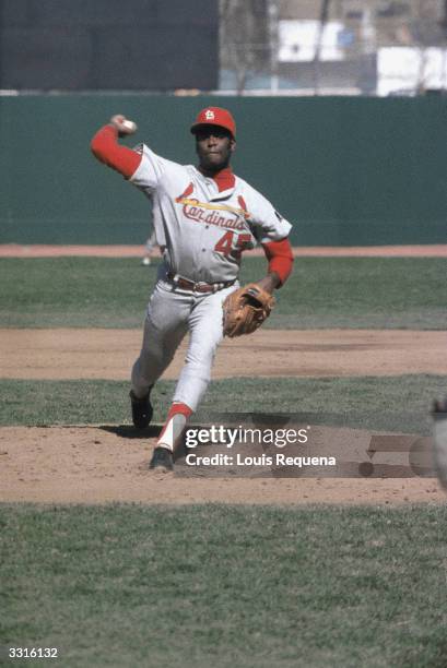 Bob Gibson of the St. Louis Cardinals pitches during the 1968 season.