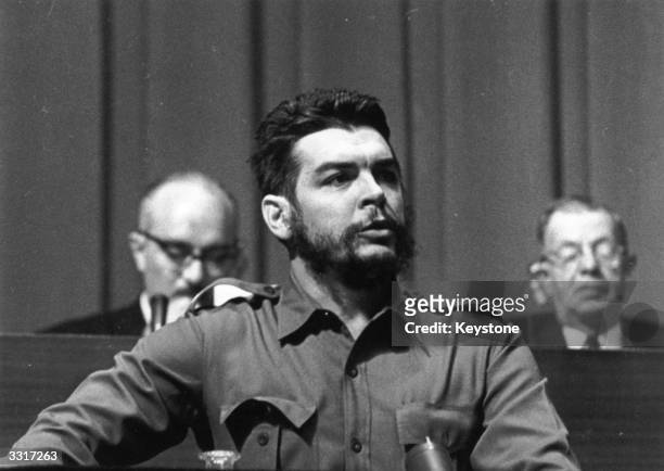 Argentine Communist revolutionary leader Ernesto Che Guevara speaking at the World Commerce and Development Conference at the Palace des Nations at...